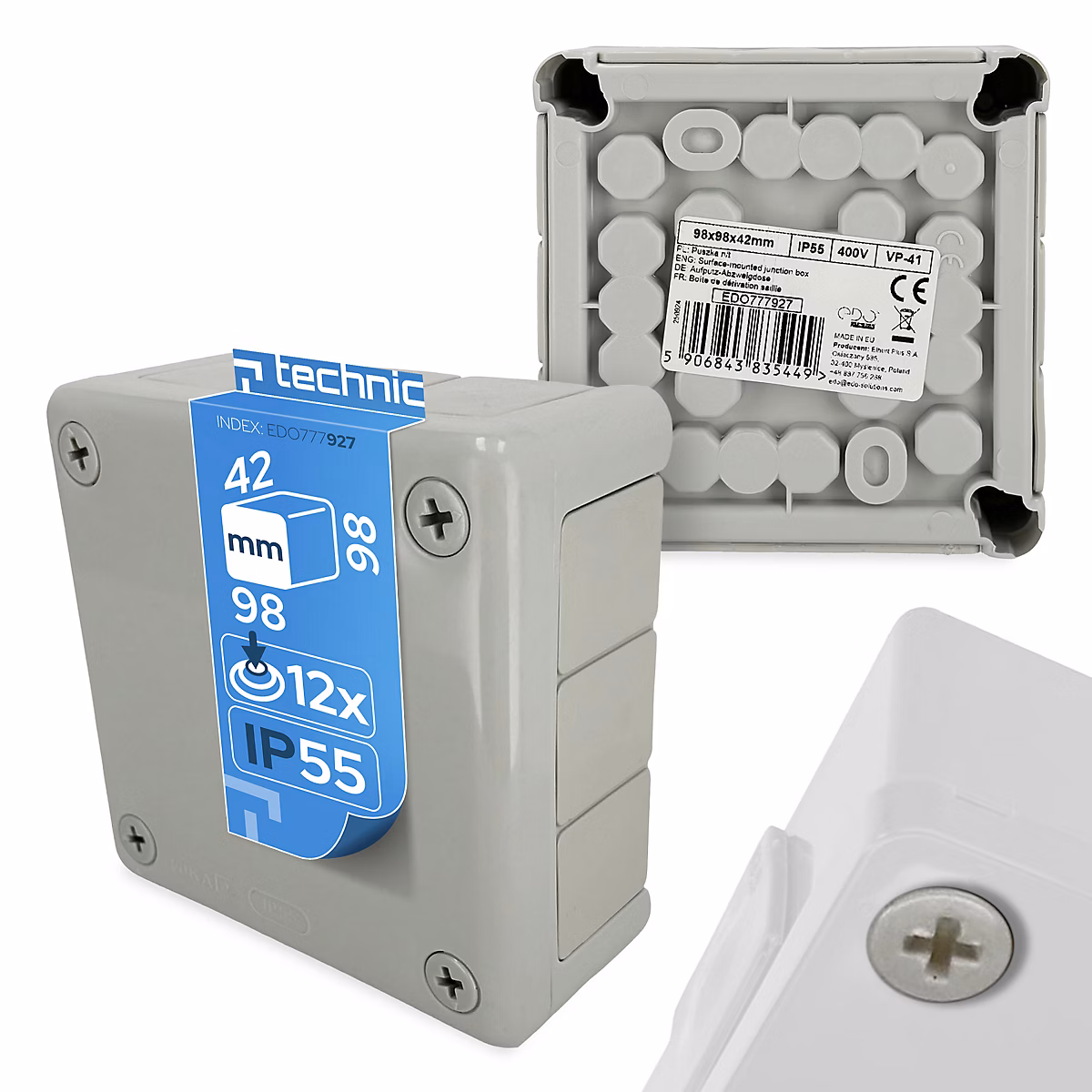Boîte dérivation étanche en saillie IP55 98 × 98 × 42mm 12 entrées vis gris EDO