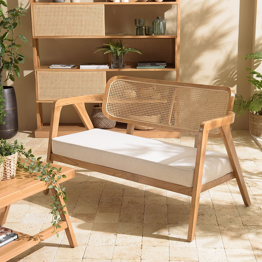 Canapé 2 places en teck dossier cannage naturel coussin gris – Réf. MMHHTBWPH6507759169