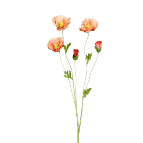 Déco pour le jardin:Branche de pavot artificiel pêche à 3 fleurs et 2 boutons - 65 cm