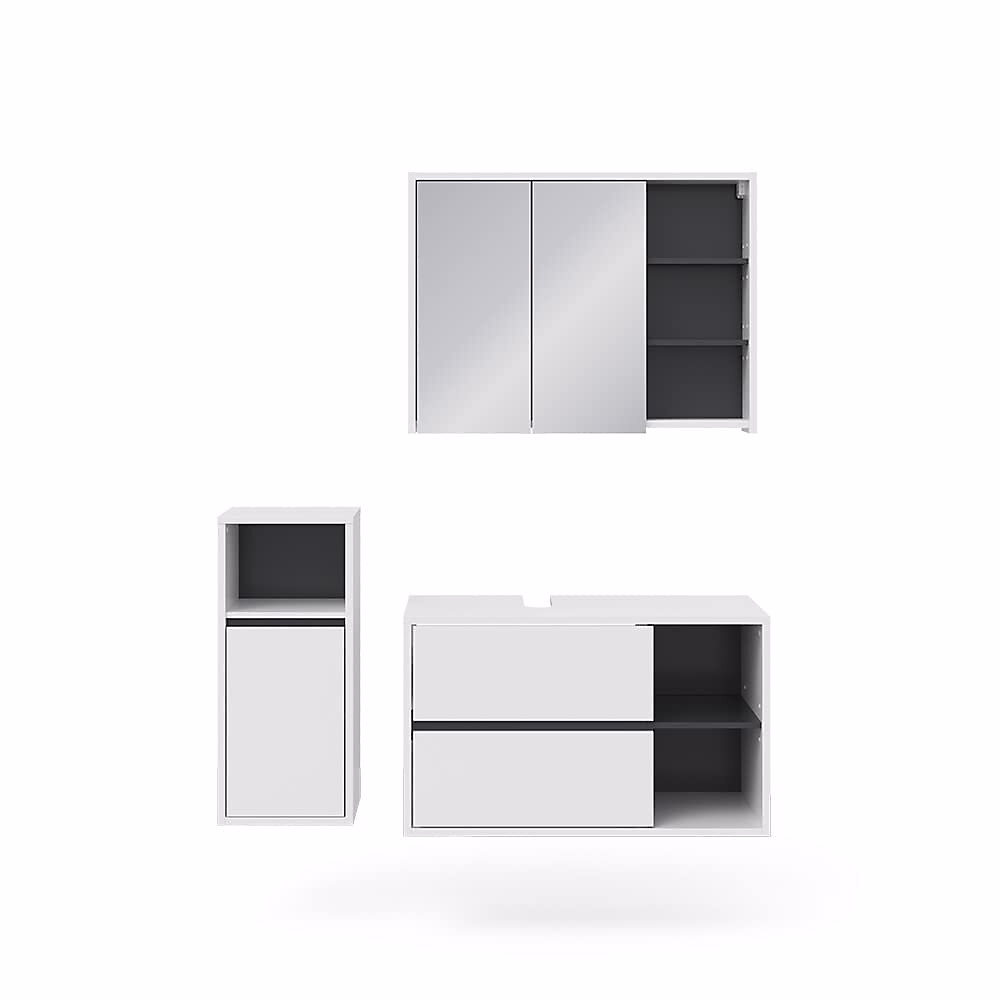 Ensemble Meubles de Salle de Bain Blanc | 3 Pieces – Rangements Placard Etageres Tiroirs – Moderne