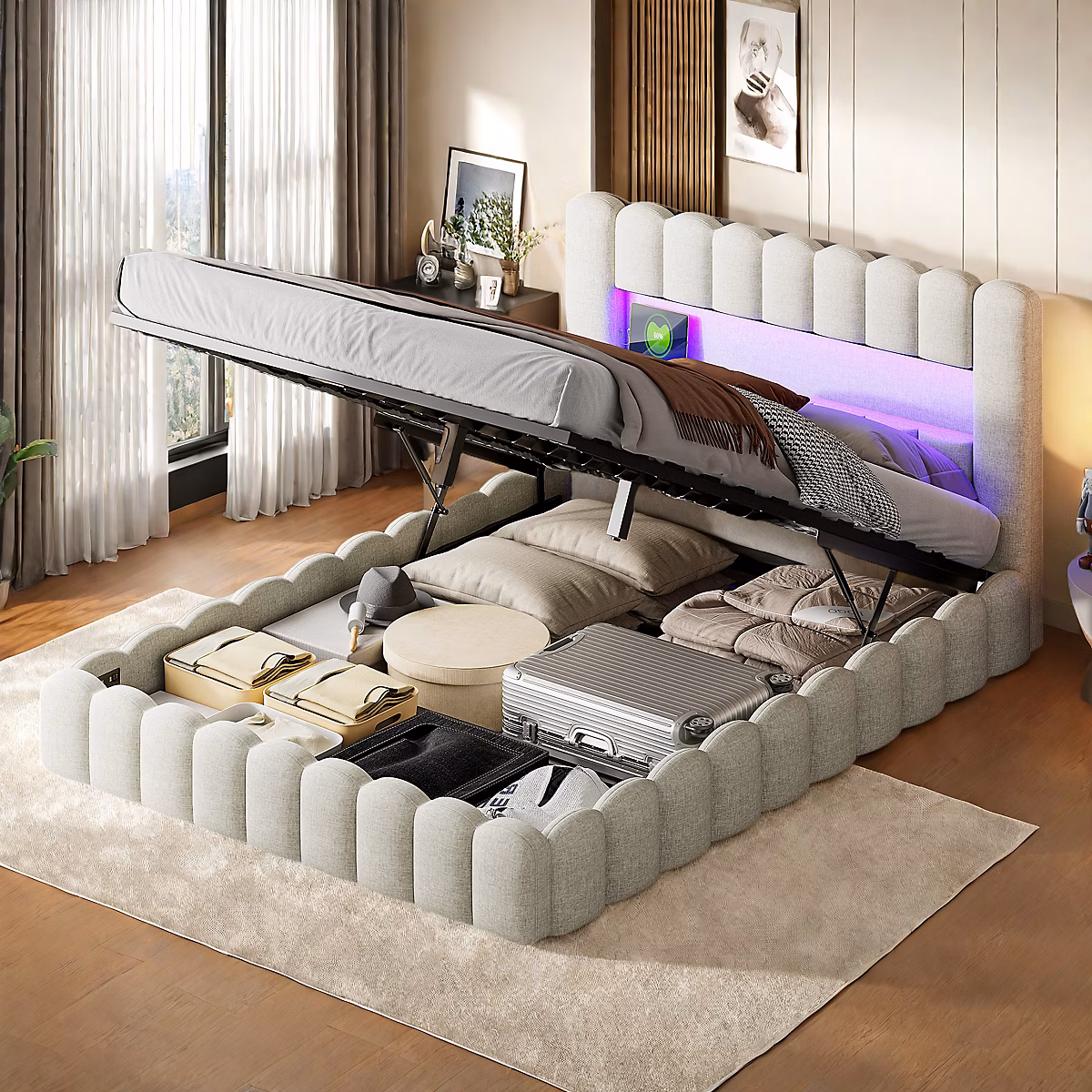 Cadre de lit double 180 × 200 cm – beige, avec espace de rangement, lumières LED, Tissu en lin, tête de lit et station de charge