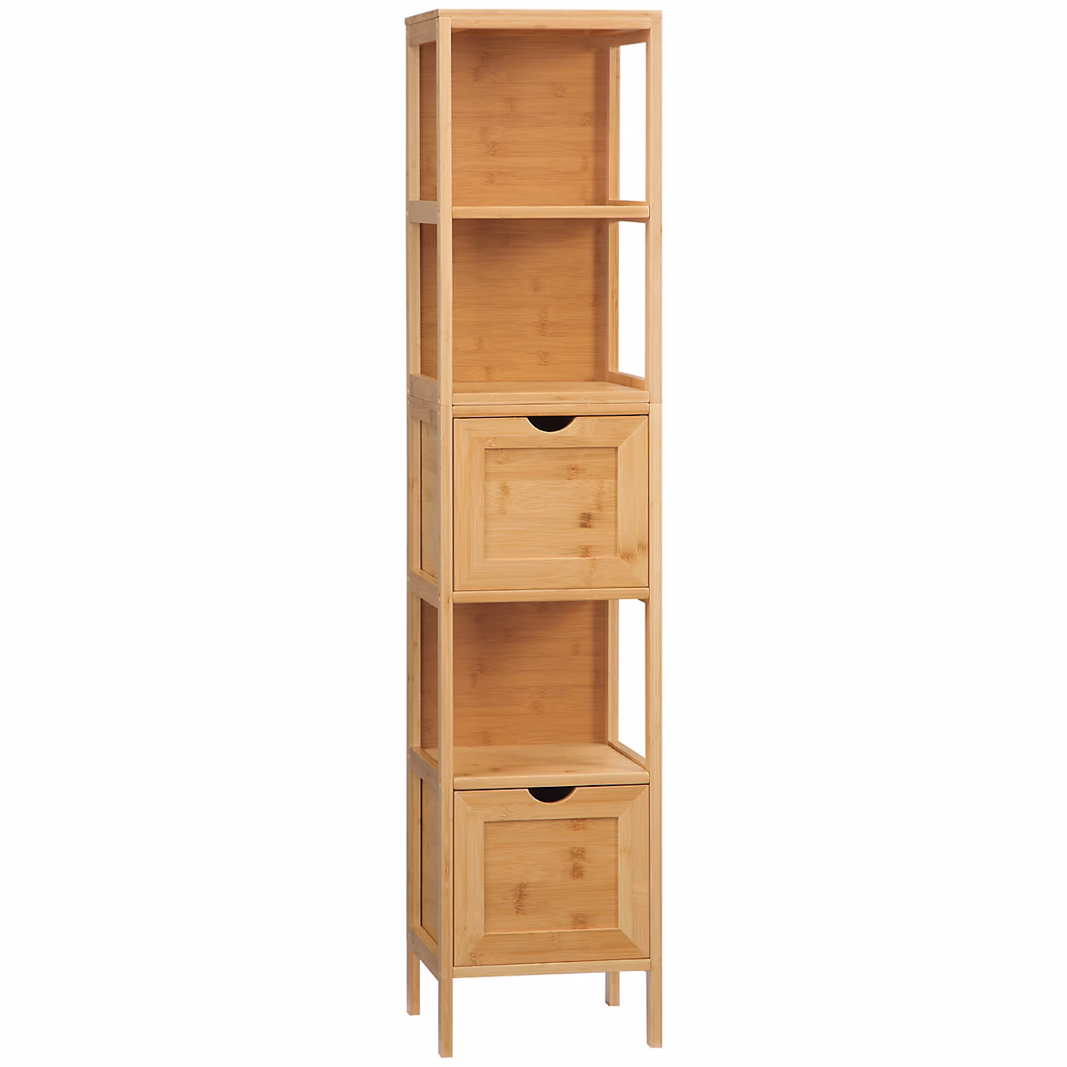 Armoire haute salle de bain en bambou avec 3 étagères et 2 tiroirs | dispositif anti – basculement – meuble d'appoint multifonction