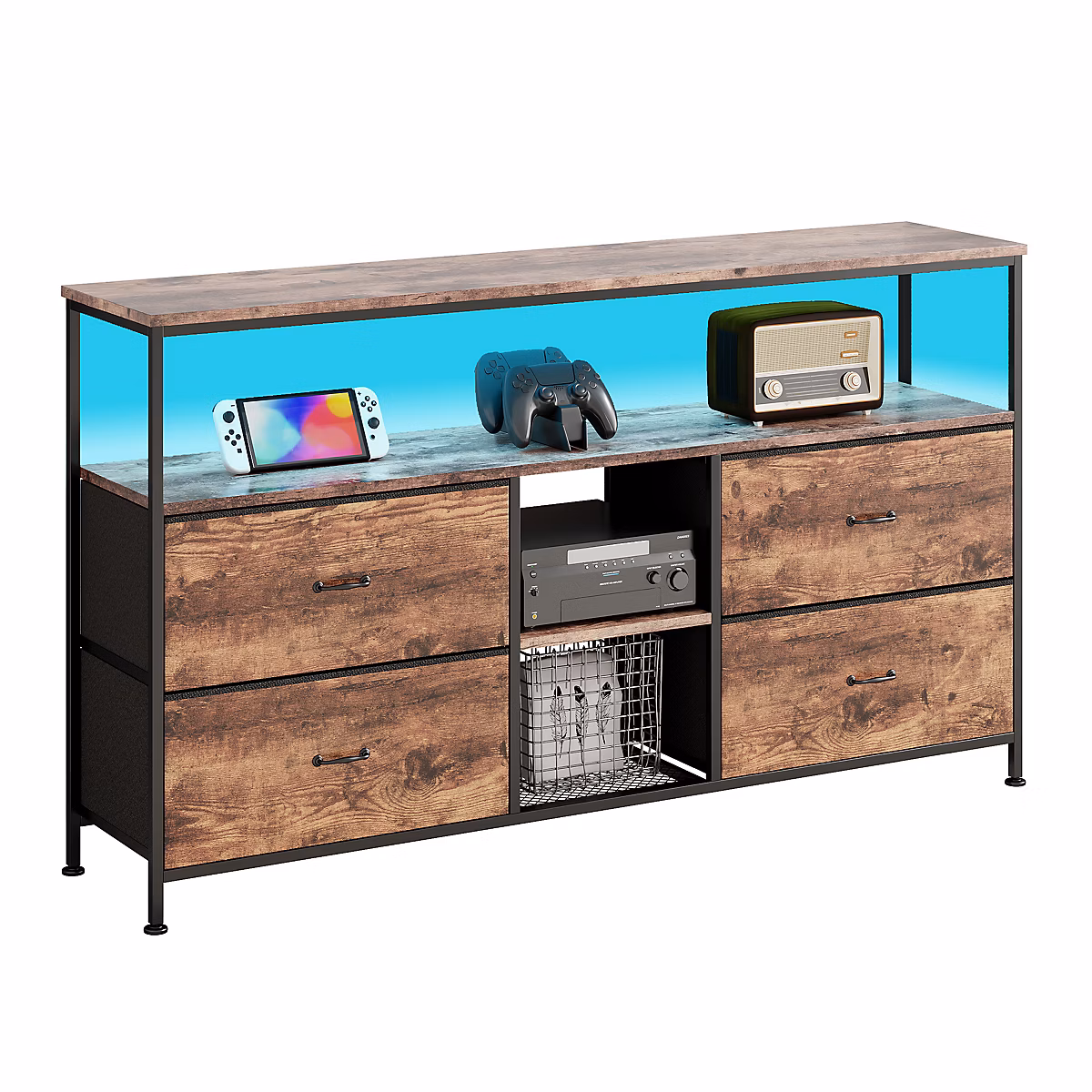 Buffet 137 Cm Avec Éclairage LED – 4 Tiroirs, Pieds Réglables, Support En Fer, Style Vintage, Bois