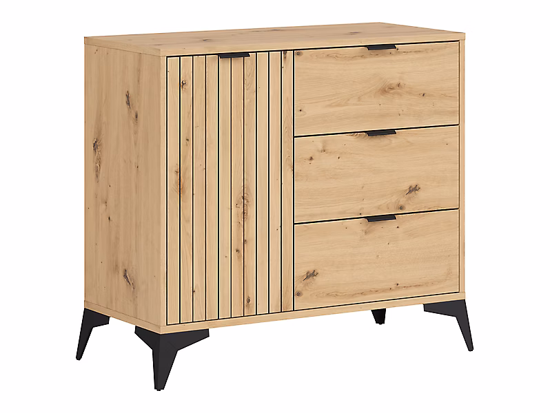 Commode meuble de rangement avec 1 porte et 3 tiroirs | coloris Chêne artisan – Longueur 90 x Profondeur 41 x Hauteur 83 cm