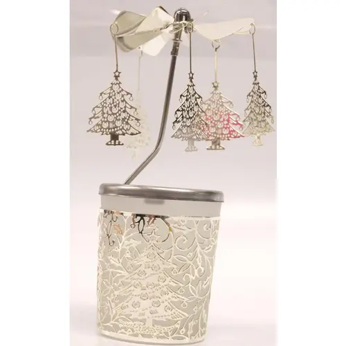 Pour valoriser vos extérieurs：Carrousel photophore en métal argenté avec sapins de Noël - H 12 cm