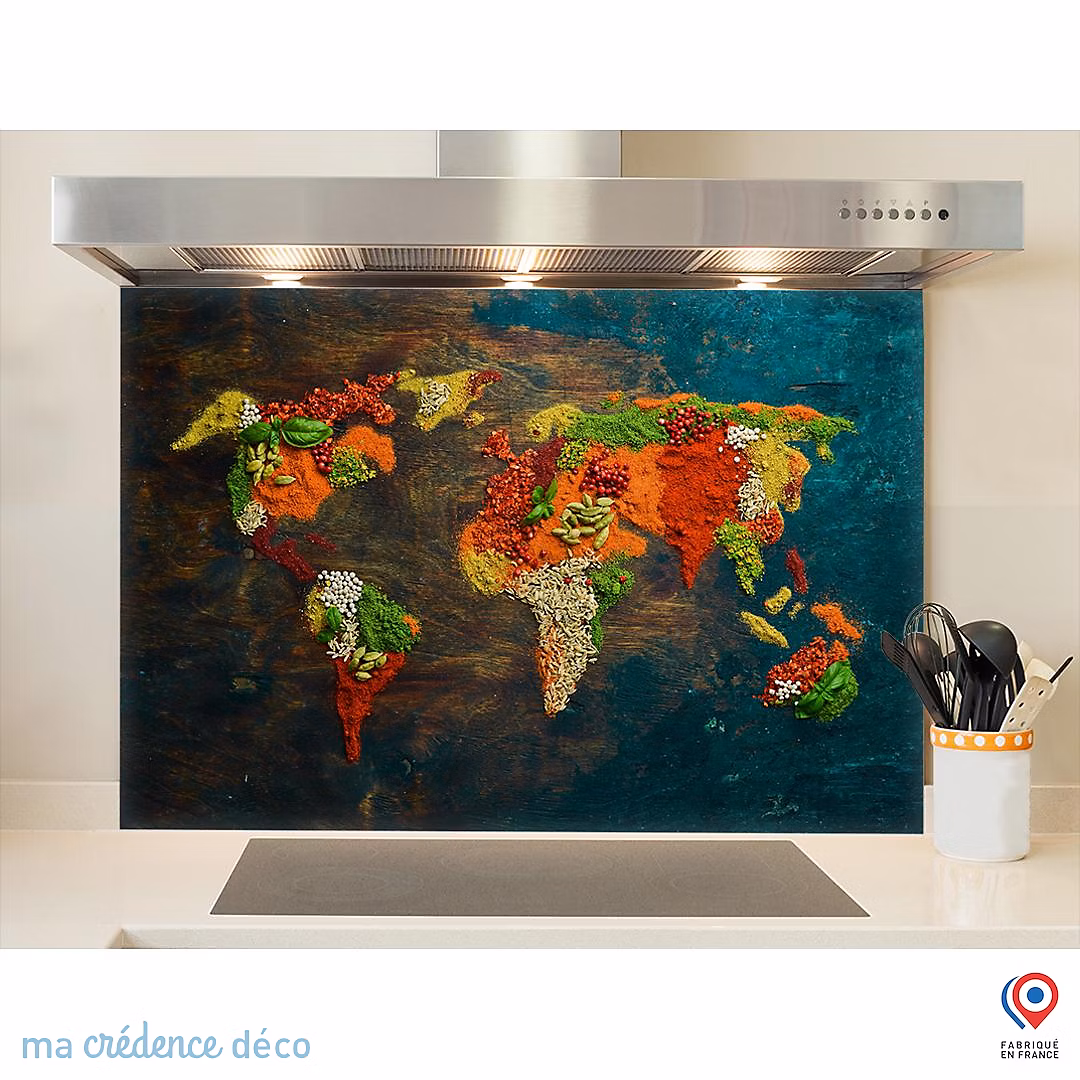 Crédence cuisine fond de hotte Epices et carte du monde 1 – Alu composite, L 90 cm x H 50 cm, MaCrédenceDéco