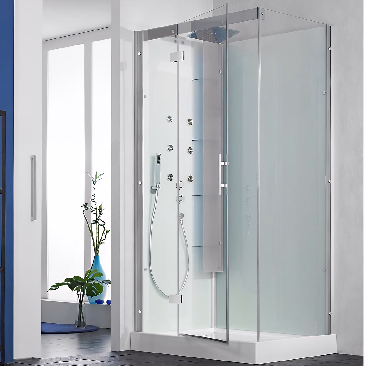 Cabine de douche hydromassante KINEDO HORIZON 110x100 hauteur receveur 12 – 5cm 1 porte pivotante finition acier