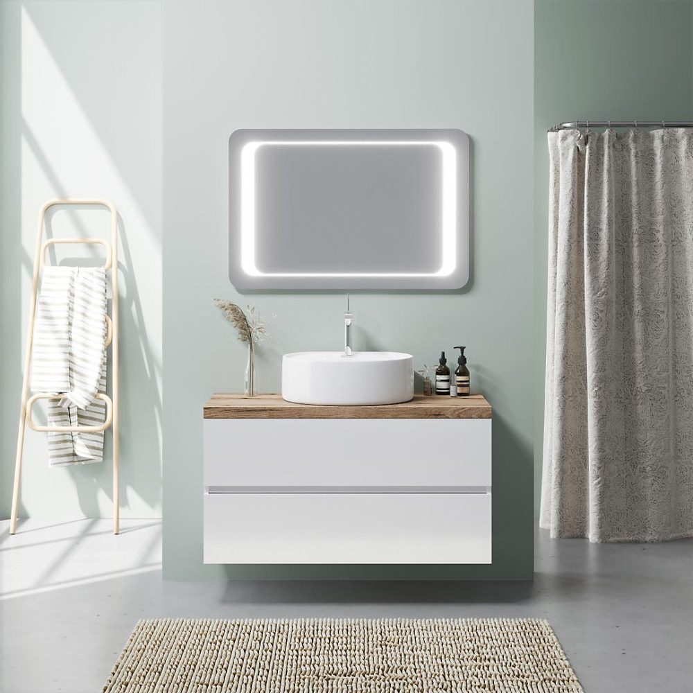Armoire De Salle De Bains Suspendue Blanche Brillante Avec Plan De Travail En Chêne De 100 Cm – Lavabo À Poser Et Miroir Led