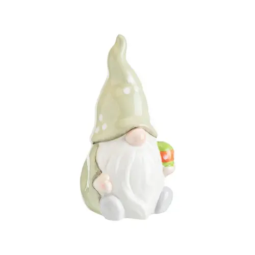 Pour personnaliser vos extérieurs:Gnome à poser vert et blanc en dolomite Printemps petit modèle - Ø 8,5 x H 17 cm