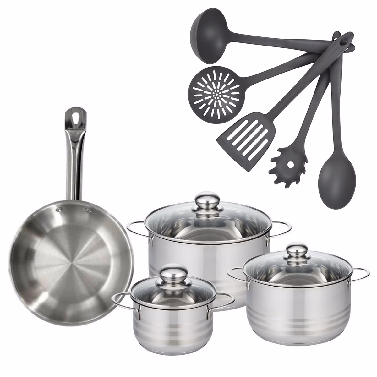 Batterie de cuisine avec 3 faitouts 16/20/24 cm et 1 poêle 24 cm avec 5 ustensiles de cuisine Fackelmann Etherna Brillant Clip – Réf. FGHQKFTMG7134565791