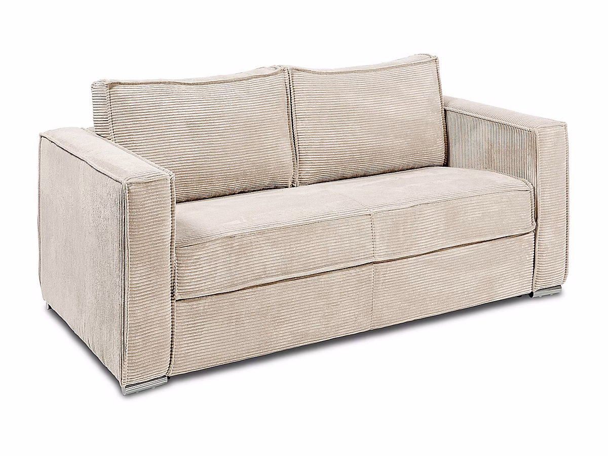 Canapé 3 places convertible express en velours côtelé beige – Couchage à lattes larges 140 cm, Matelas 22 cm avec mémoire de