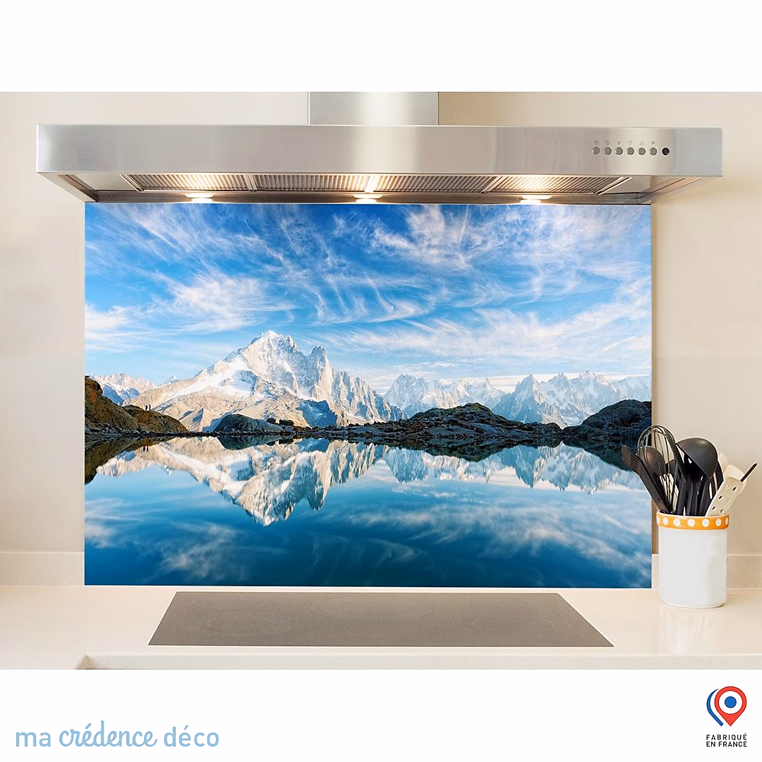 Crédence cuisine fond de hotte Lac et Mont Blanc 2 | Verre trempé – L 90 cm x H 70 cm – MaCrédenceDéco