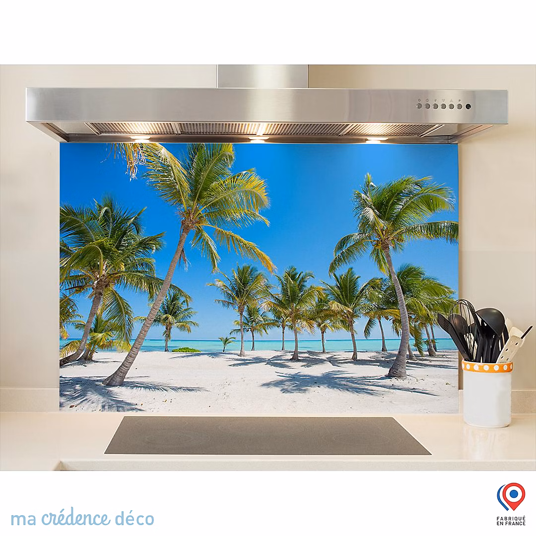 Crédence cuisine fond de hotte Plage et palmiers – Alu composite, L 90 cm x H 60 cm, MaCrédenceDéco