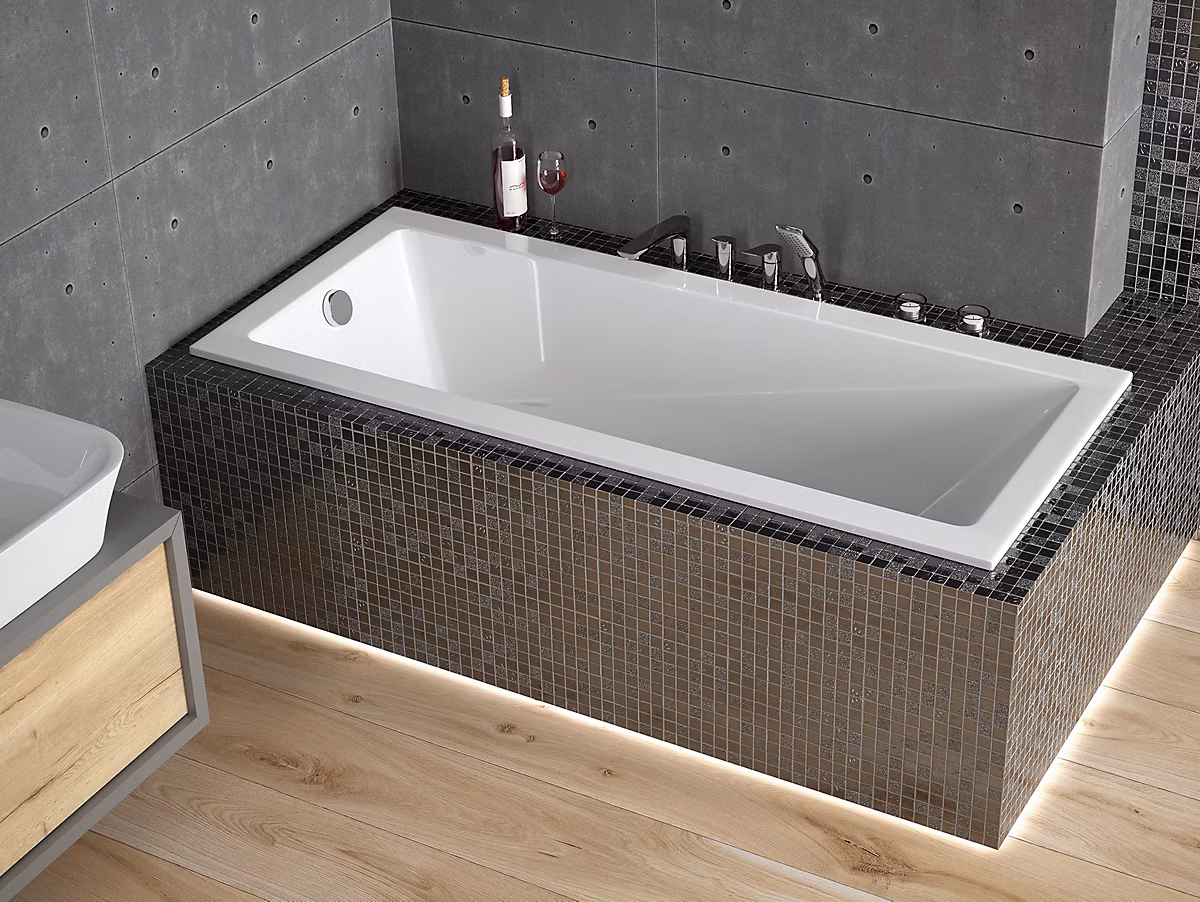Baignoire rectangulaire 170 x 70 MODERN SLIM acrylique blanc + Habillage en polystyrène + Pieds + Vidage à chromé | Baignoire
