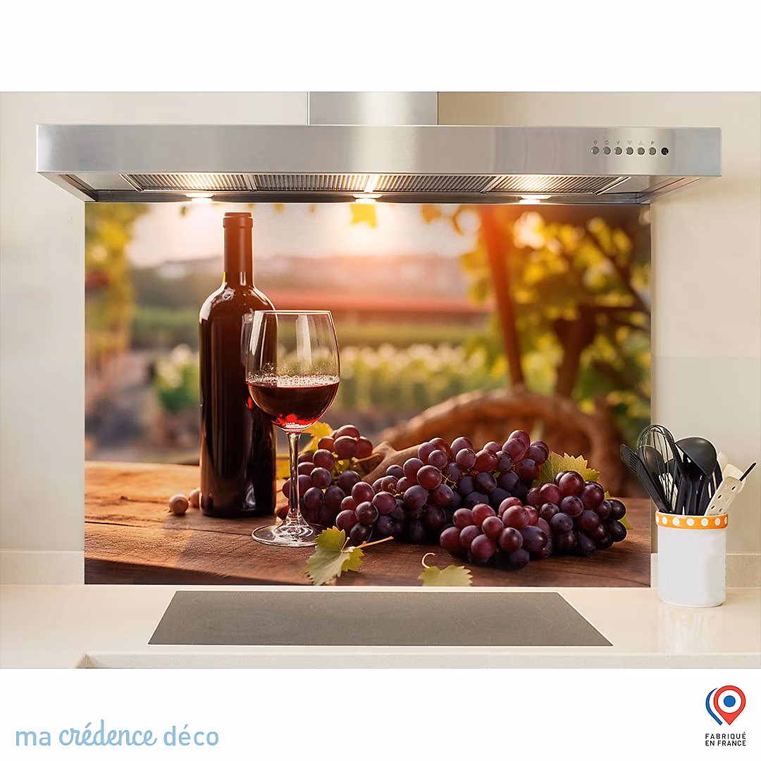 Crédence cuisine fond de hotte Vin rouge et vignobles – Alu composite, L 60 cm x H 45 cm, MaCrédenceDéco