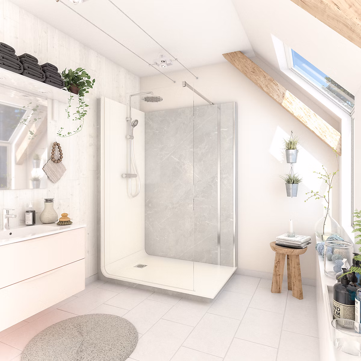 Cabine de douche à l’italienne l.90 x L.140 x H.218 cm | effet marbre gris – receveur de plain – pied – Elmer Serenity