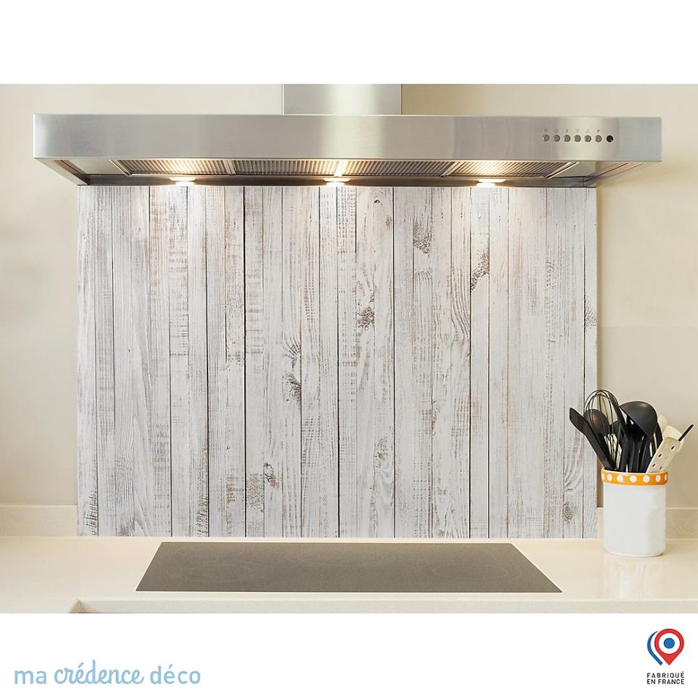 Crédence cuisine fond de hotte Bois peint en blanc – Verre trempé | L 70 cm x H 60 cm | MaCrédenceDéco