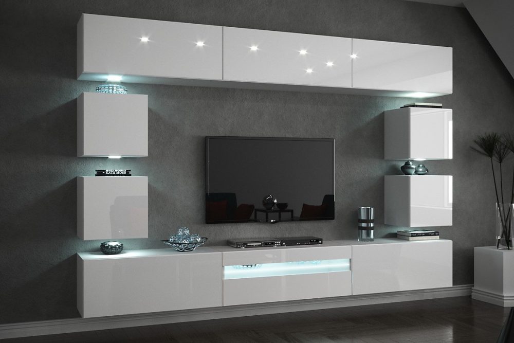 Ensemble meuble TV CONCEPT C81 – 18W, HG2, 1A blanc brillant 257 cm