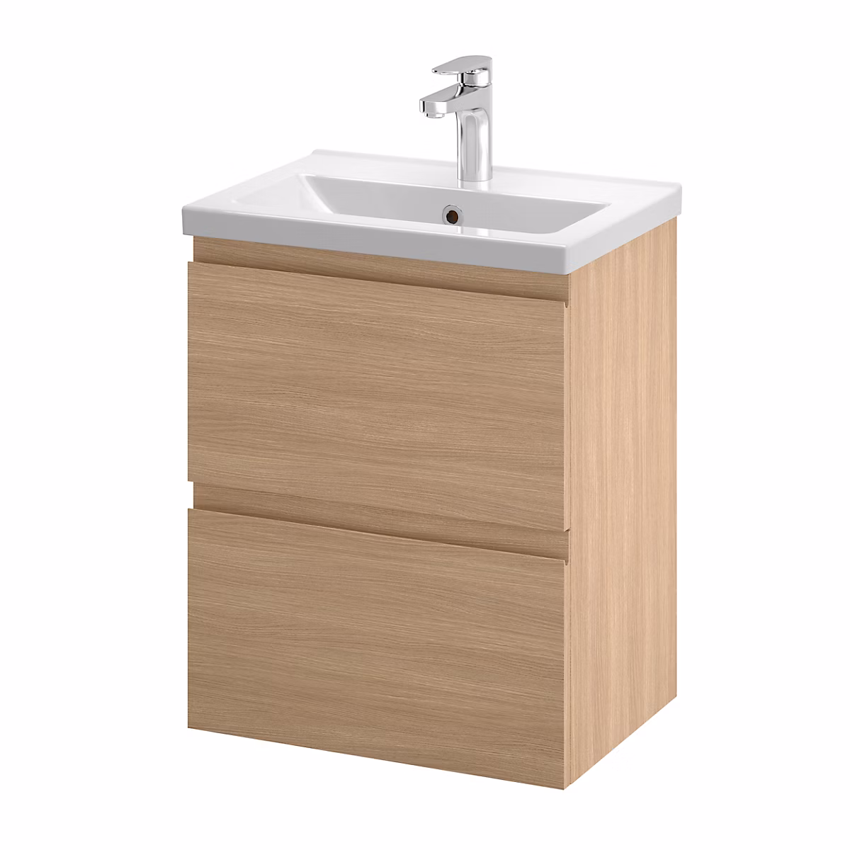 Meuble sous vasque suspendu effet chêne clair l.50 cm 2 tiroirs Imandra + plan vasque faible profondeur blanc céramique Nira – GoodHome