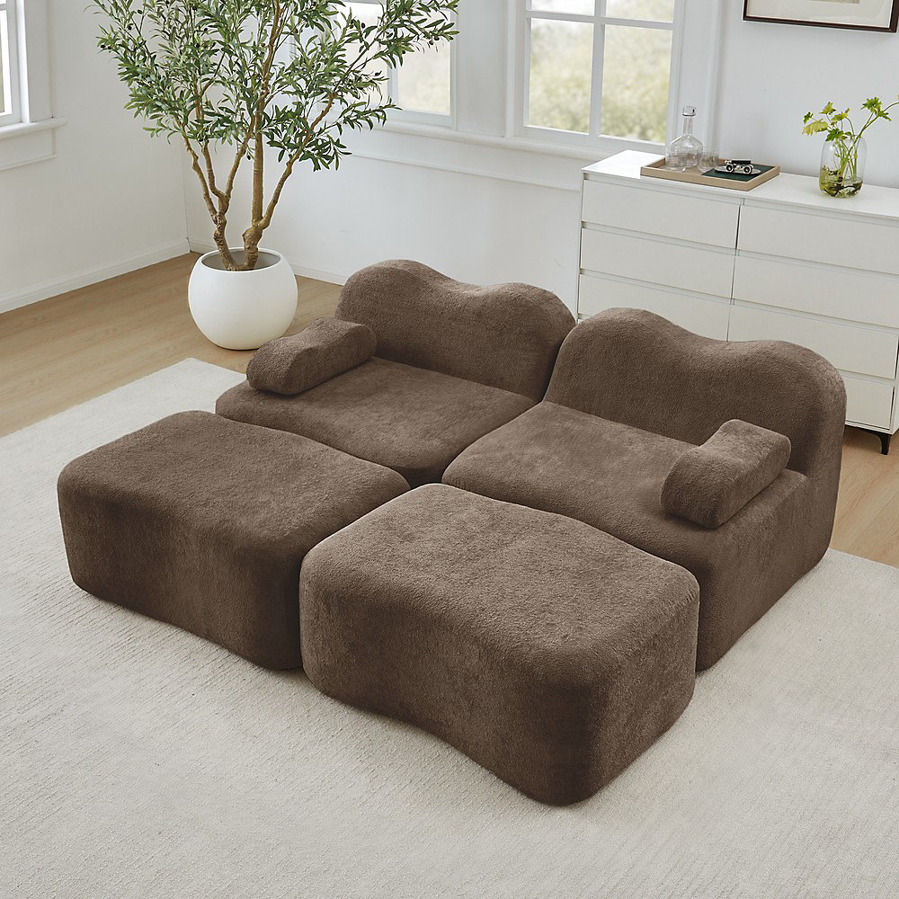 Canapé modulaire 2 places – 2 ottomans,brun, mousse haute densité 32D, coussin d'accoudoir mobile, antidérapant