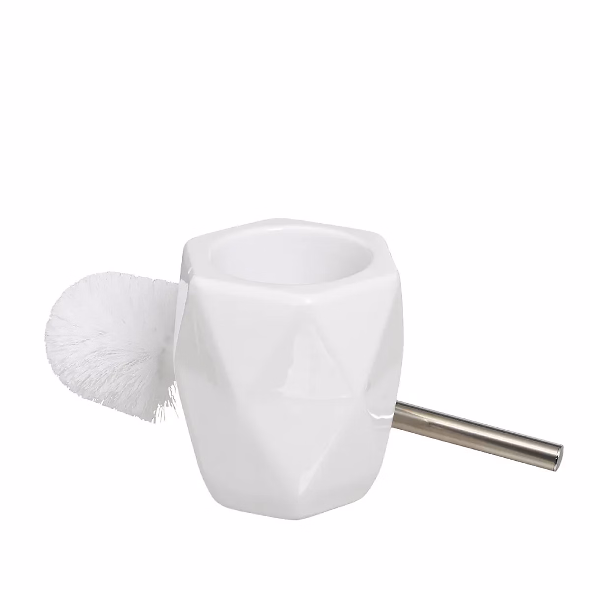 Brosse à toilettes avec poignée en acier Gris et support en céramique Blanche – Longueur 13 x Largeur 13 x Hauteur 35 cm