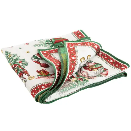 Extérieur facile：Nappe blanche en PE/coton à motifs verts et rouges Lutins - 150 x 250 cm