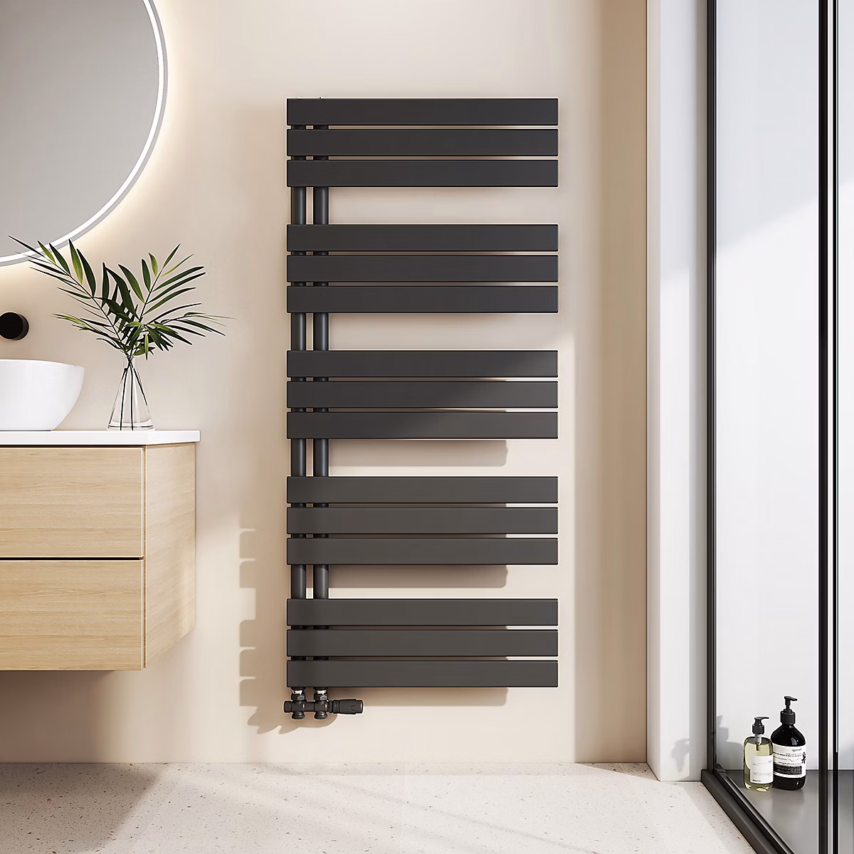 EMKE Sèche-Serviettes à Eau Chaude pour Salle de Bain – Panneau Plat Design Noir 1320 × 600mm 798W, Connexion Latérale