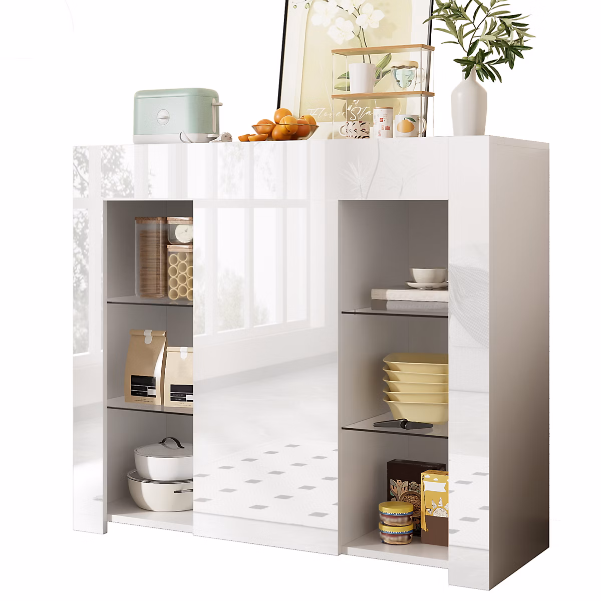 Buffet Blanc Moderne 95cm – Façade Brillante, Étagères En Verre, 95 × 35 × 83 Cm