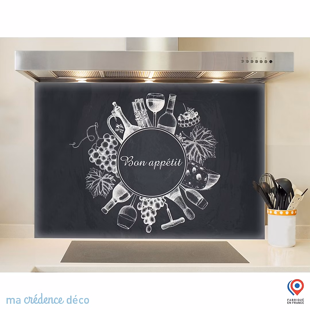Crédence cuisine fond de hotte Bouteilles et raisins sur ardoise – Verre trempé, L 70 cm x H 60 cm, MaCrédenceDéco
