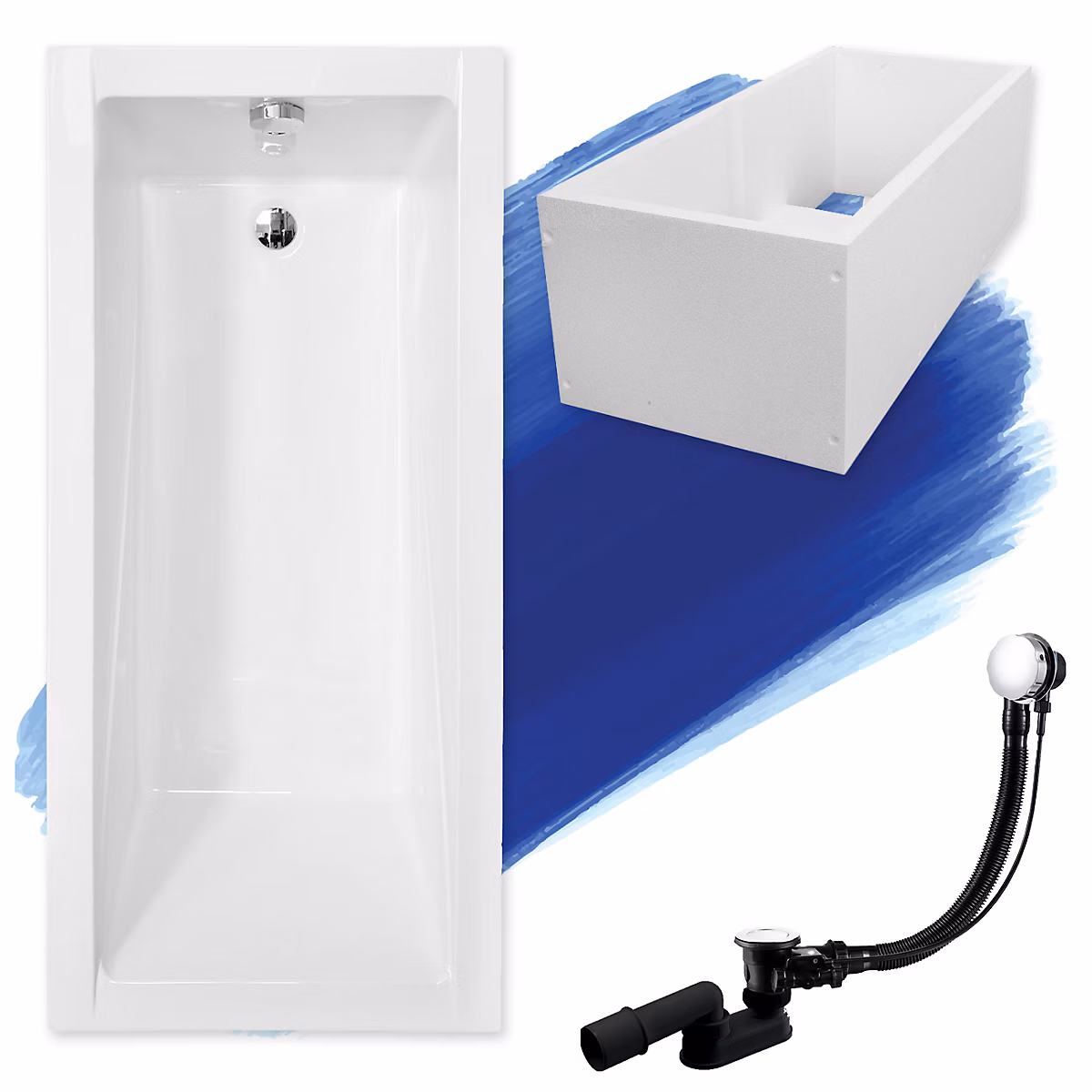 Baignoire rectangulaire 170 x 70 MODERN acrylique blanc + Support stabilisateur en polystyrène + Pieds + Vidage à chromé | Baignoire