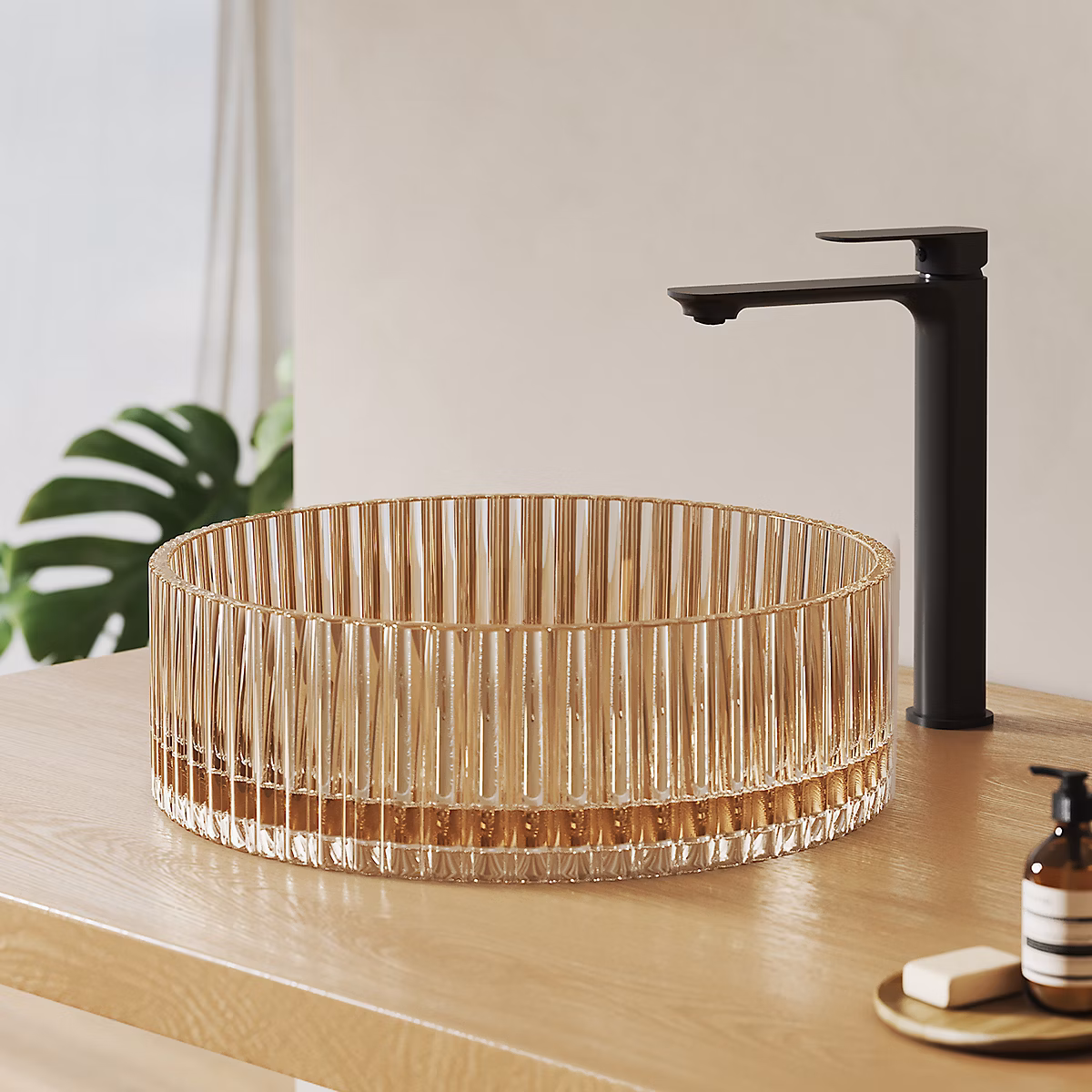EMKE Lavabo en Verre Trempé Rond à Poser 400 × 400 × 120 mm – Vasque Salle de Bain, Rose Gold