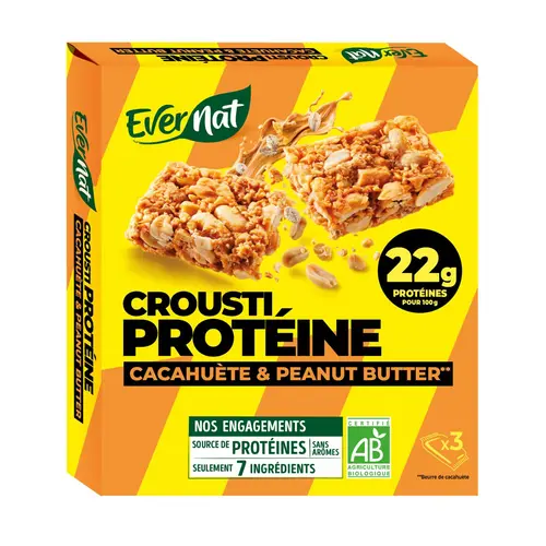 Pour vos moments au jardin:Barres protéinées bio croustiprotéine cacahuète & Peanut butter Evernat - 120 g