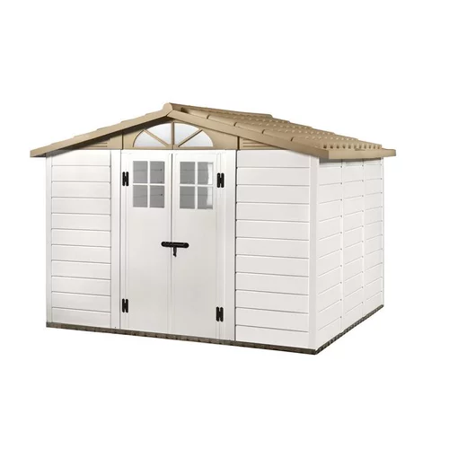 Le choix pour l’extérieur:Abri de jardin en résine beige Foresta Evo - 261 x 309 x 225 cm
