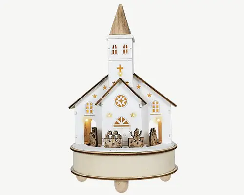 Bien au jardin：Scénette musicale ronde en bois blanc avec église à 5 LED blanc chaud sur piles - 15 x 15 x 25 cm