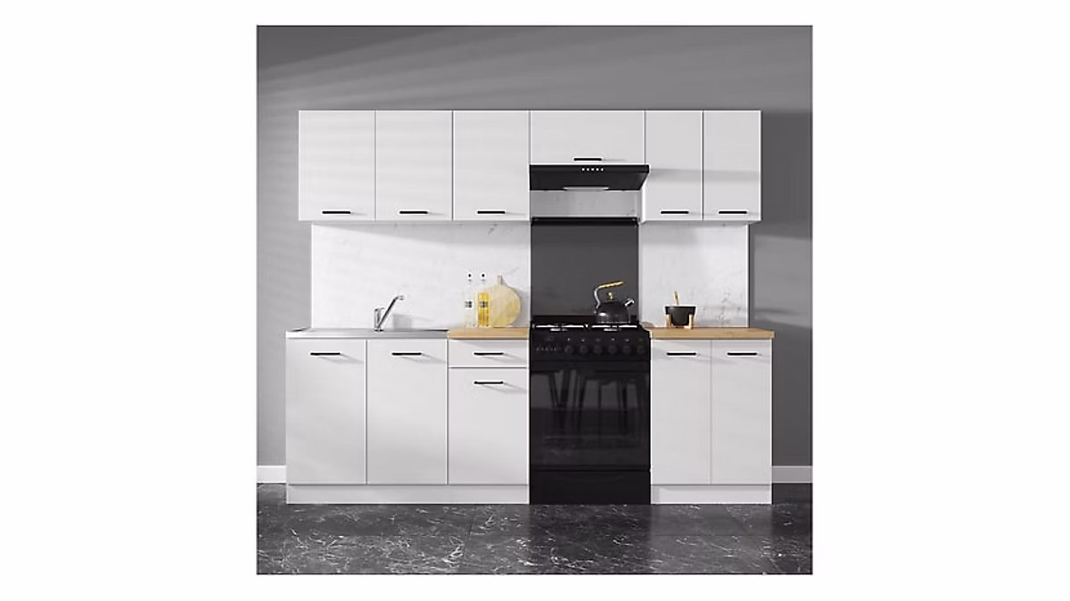 Cuisine complète 240 cm – Ensemble de meuble de cuisine finition Blanc laquée craie, sans plan de travail